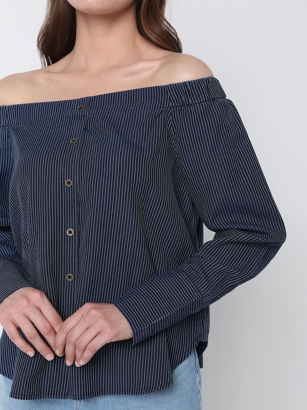 Blue Off Shoulder Striped Top