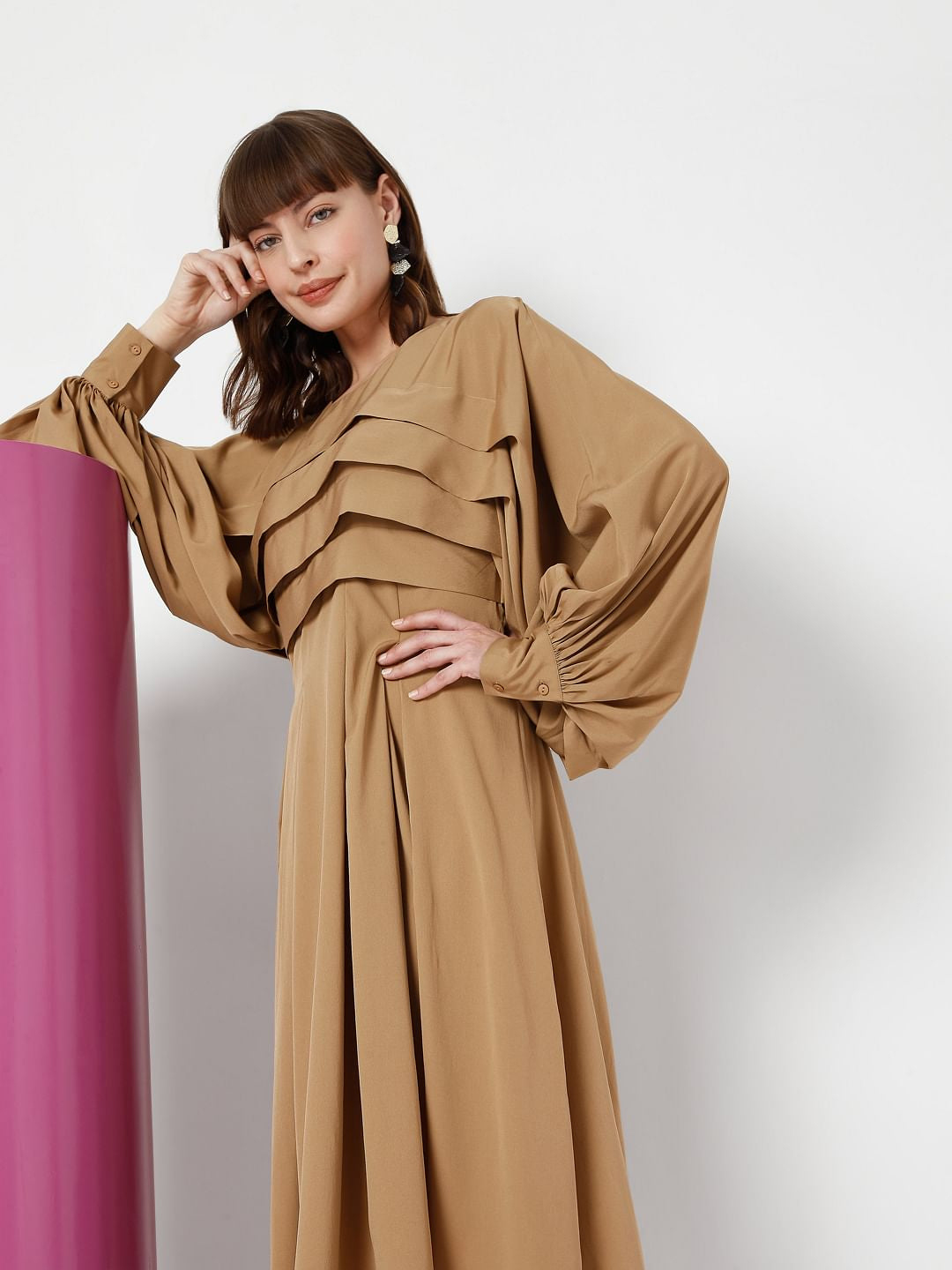 Brown Pleated Fit & Flare Dress