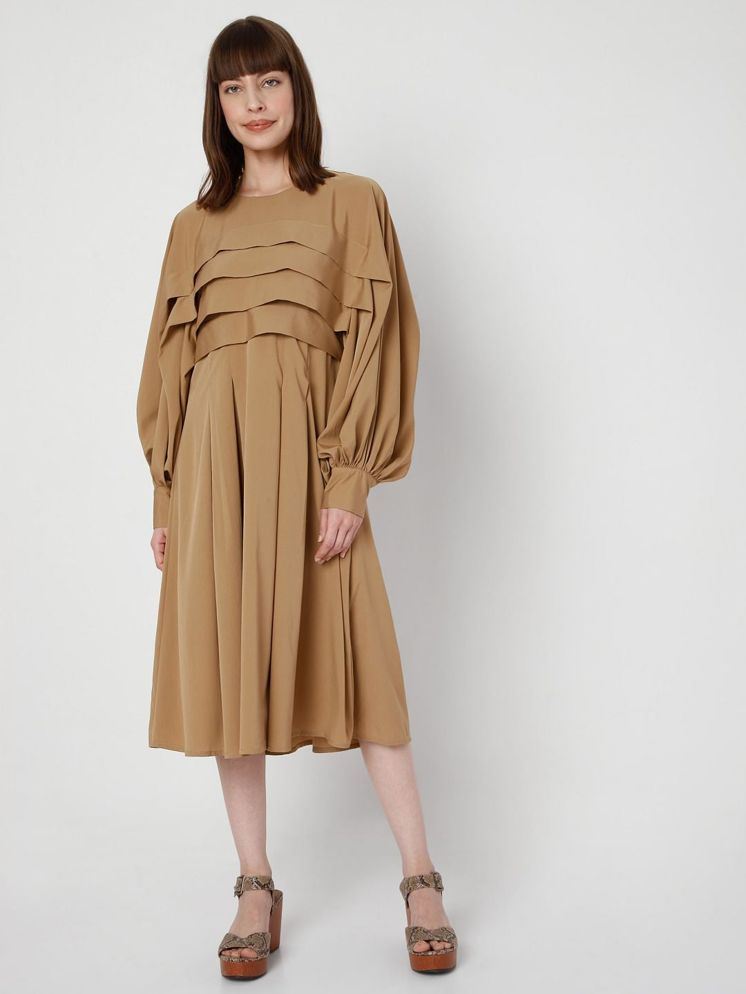 Brown Pleated Fit & Flare Dress