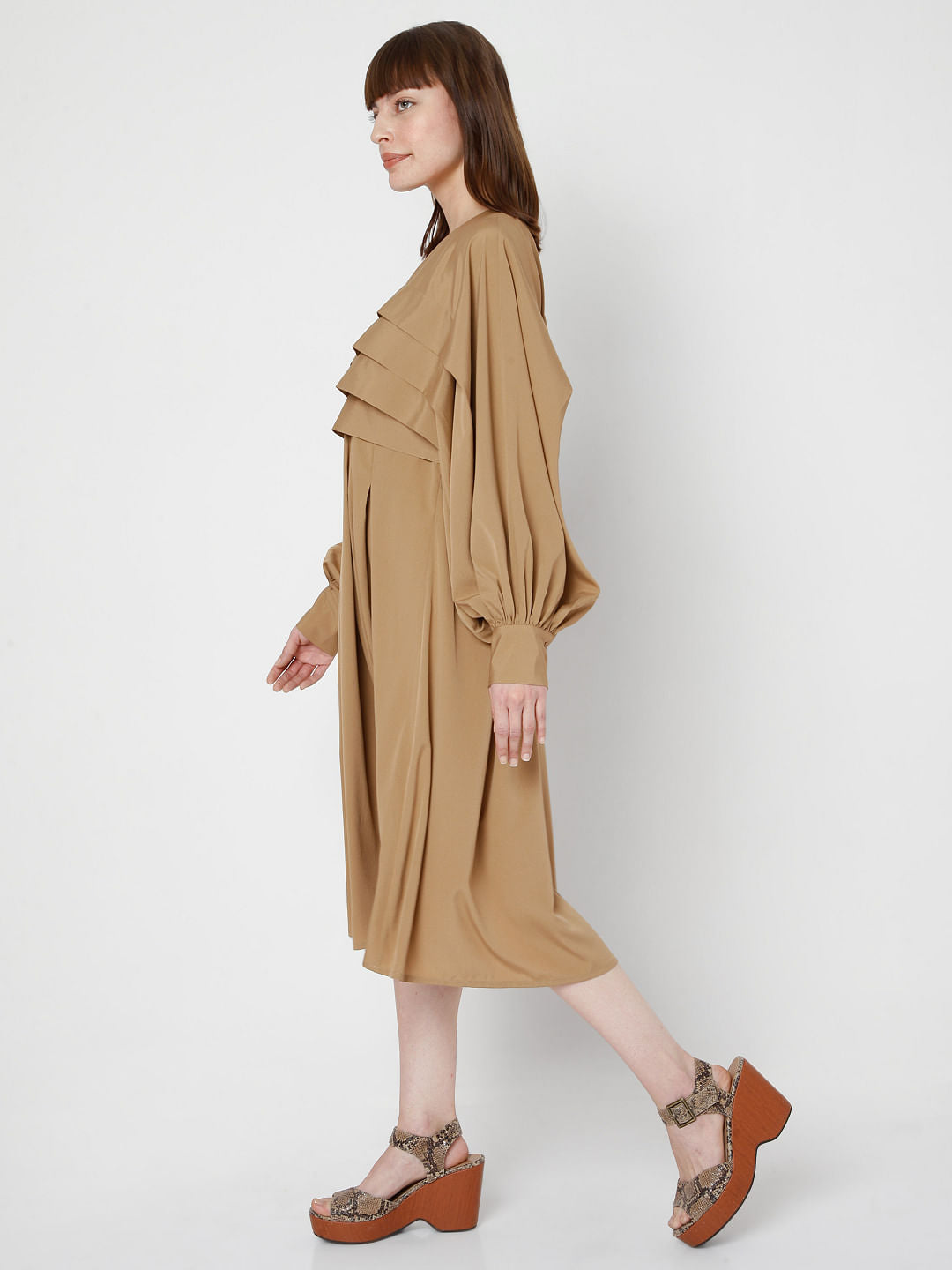 Brown Pleated Fit & Flare Dress