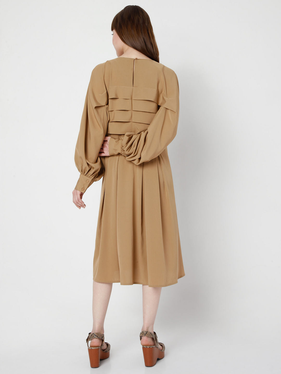 Brown Pleated Fit & Flare Dress