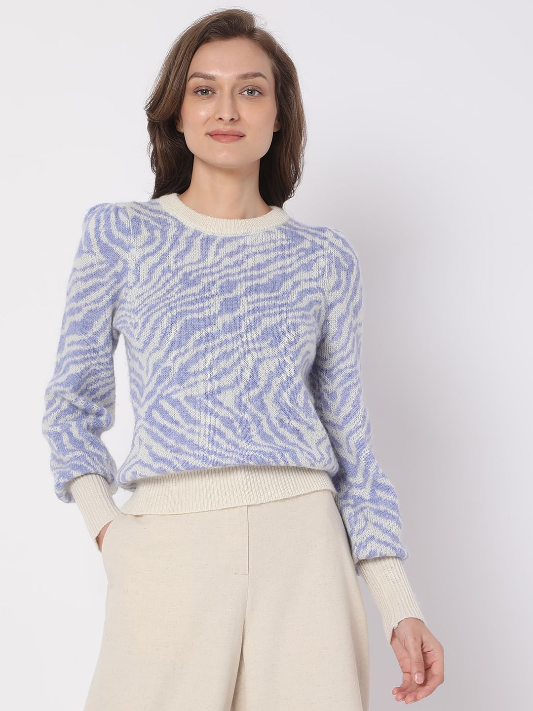 Beige Animal Print Jacquard Sweater