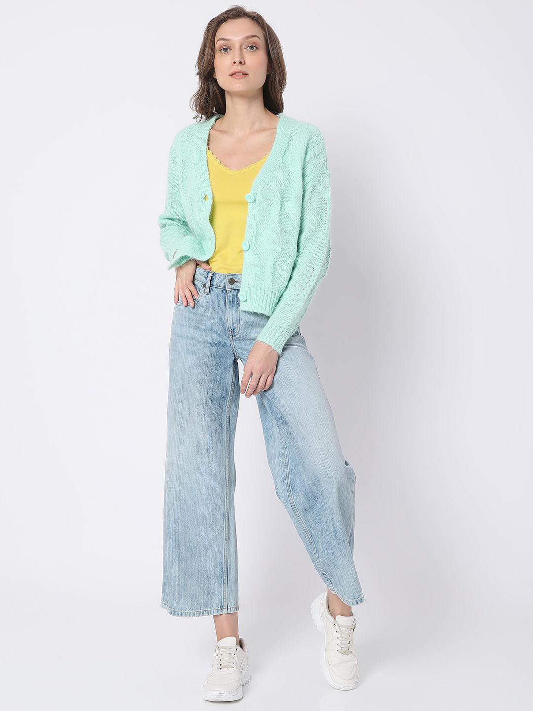 Green Front Open Cardigan