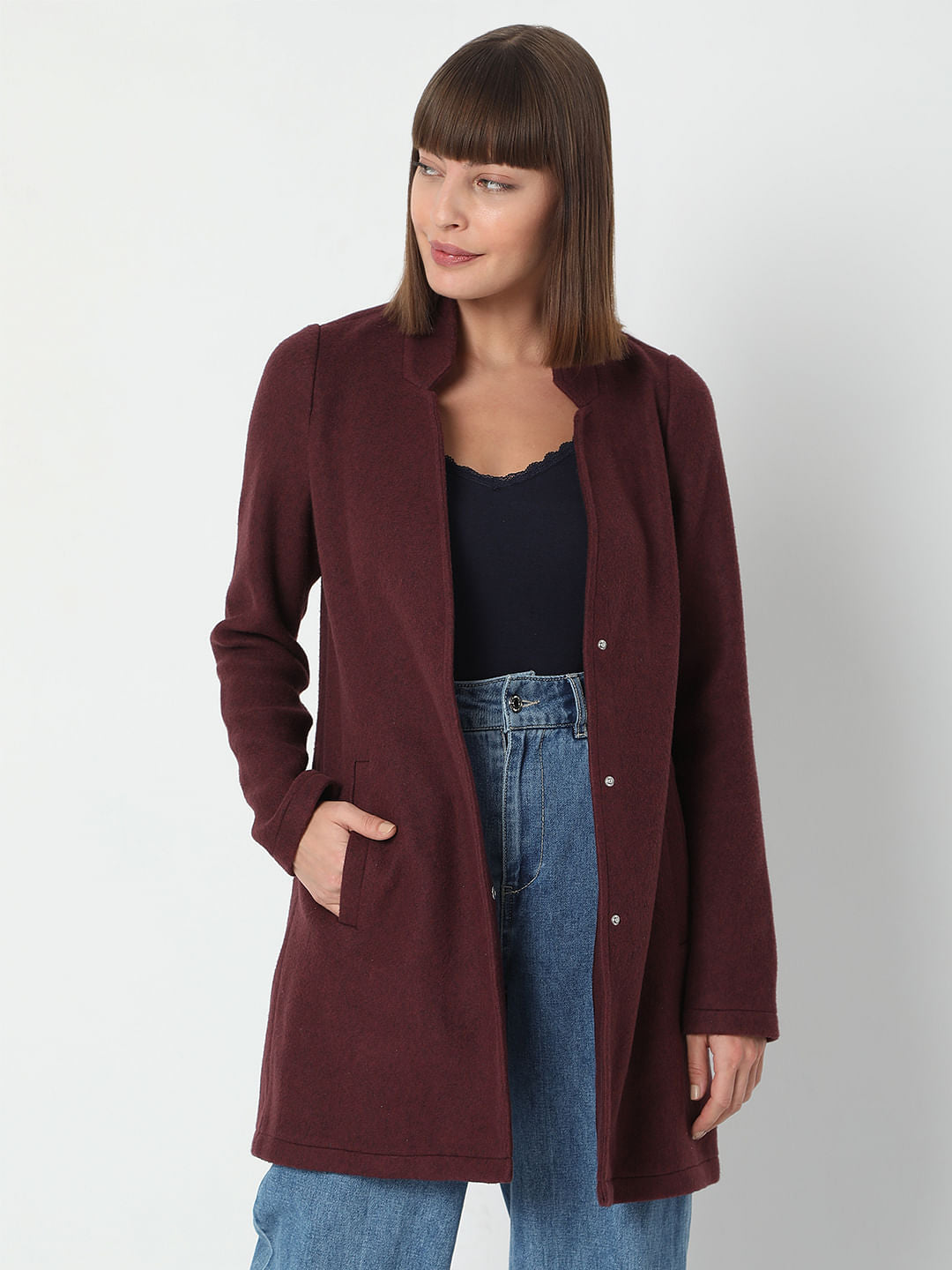 Burgundy Mandarin Collar Coat