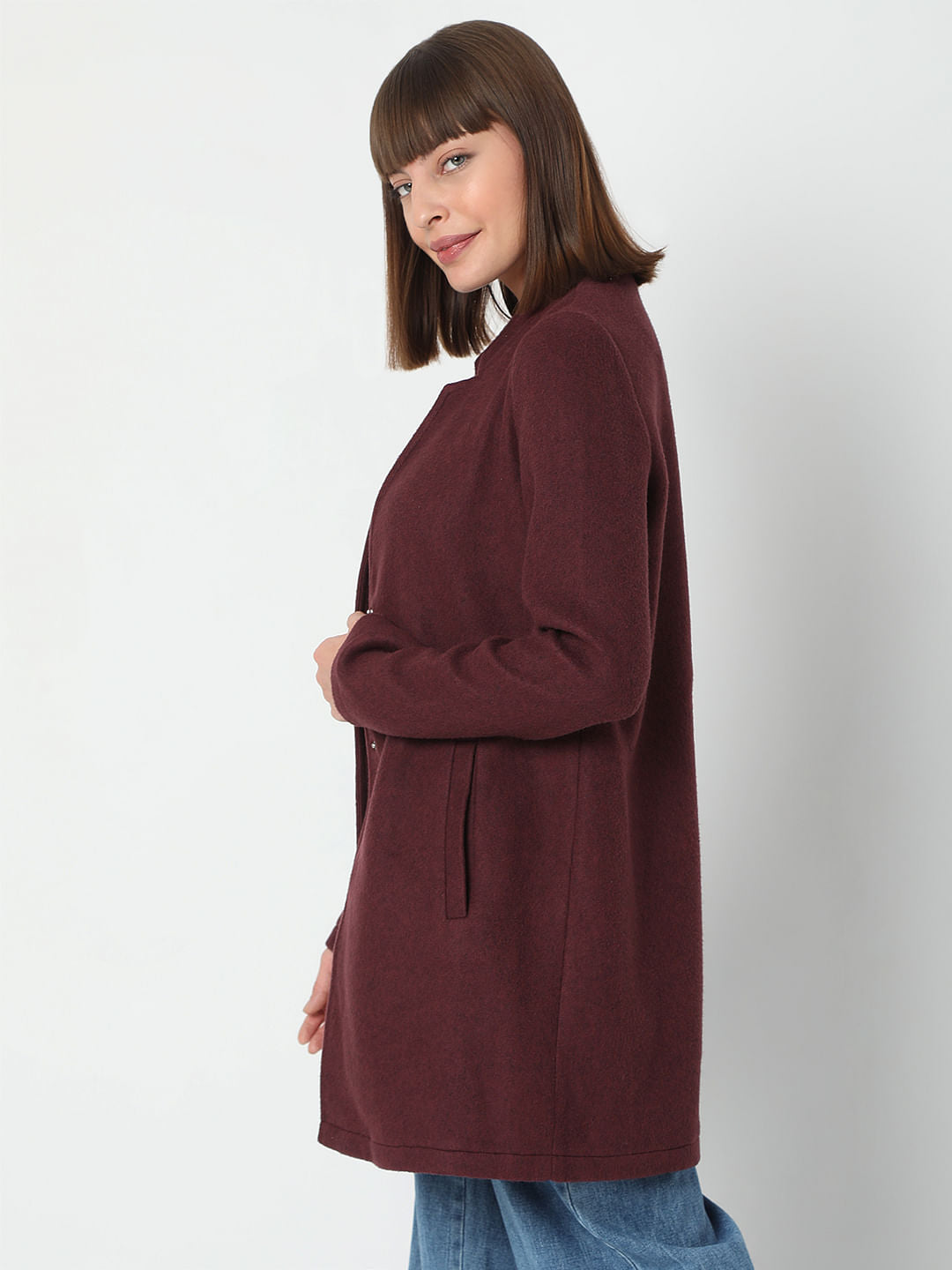 Burgundy Mandarin Collar Coat