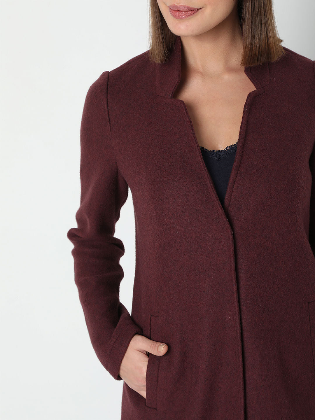 Burgundy Mandarin Collar Coat