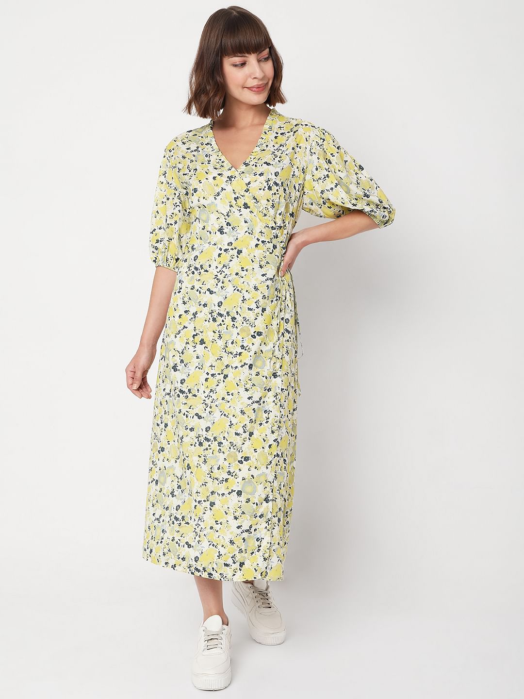 Yellow Floral Wrap Dress