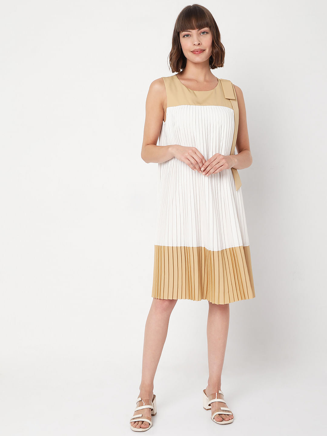 Beige Pleated Dress