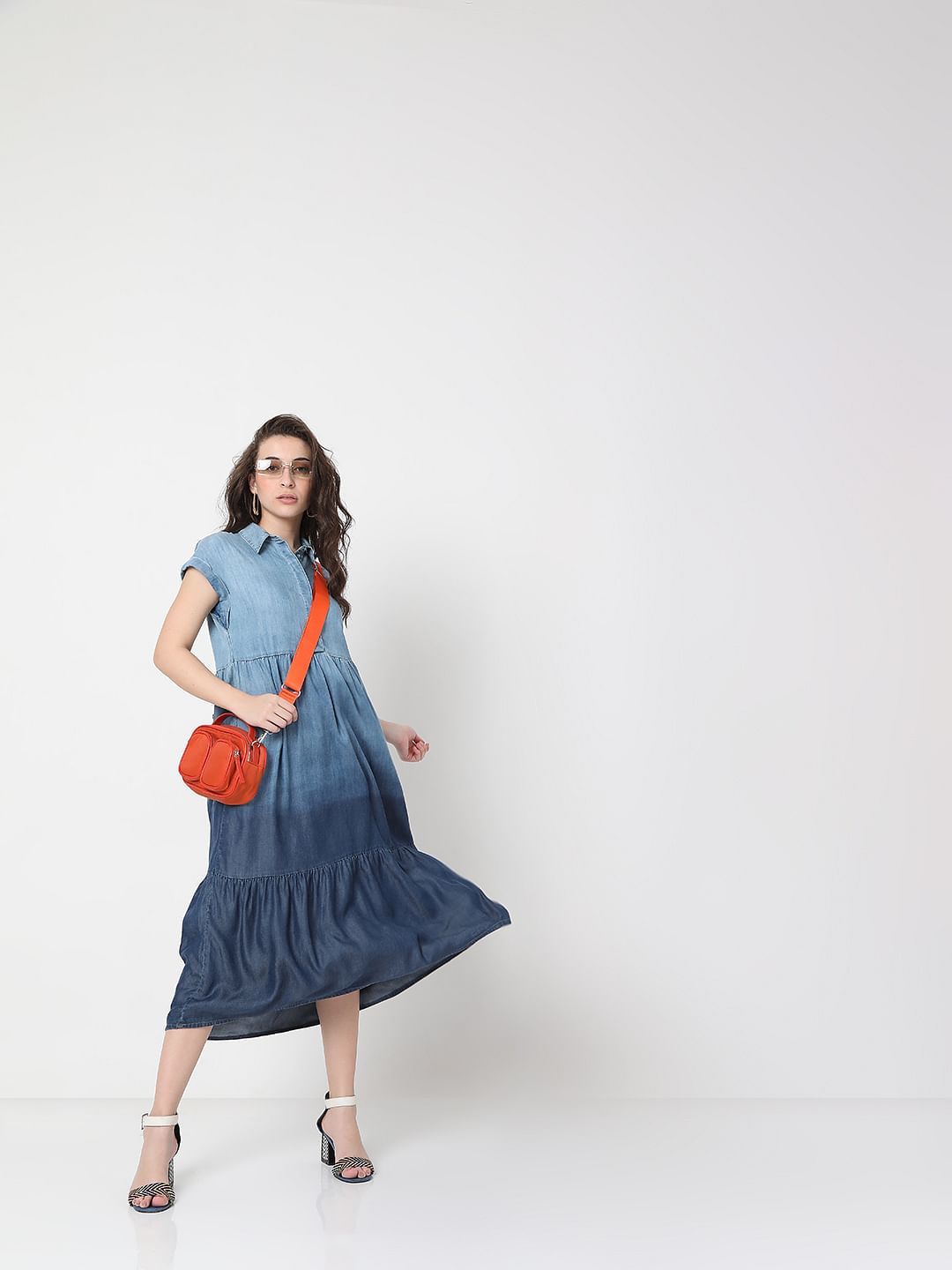 Blue Colourblocked Denim Midi Dress