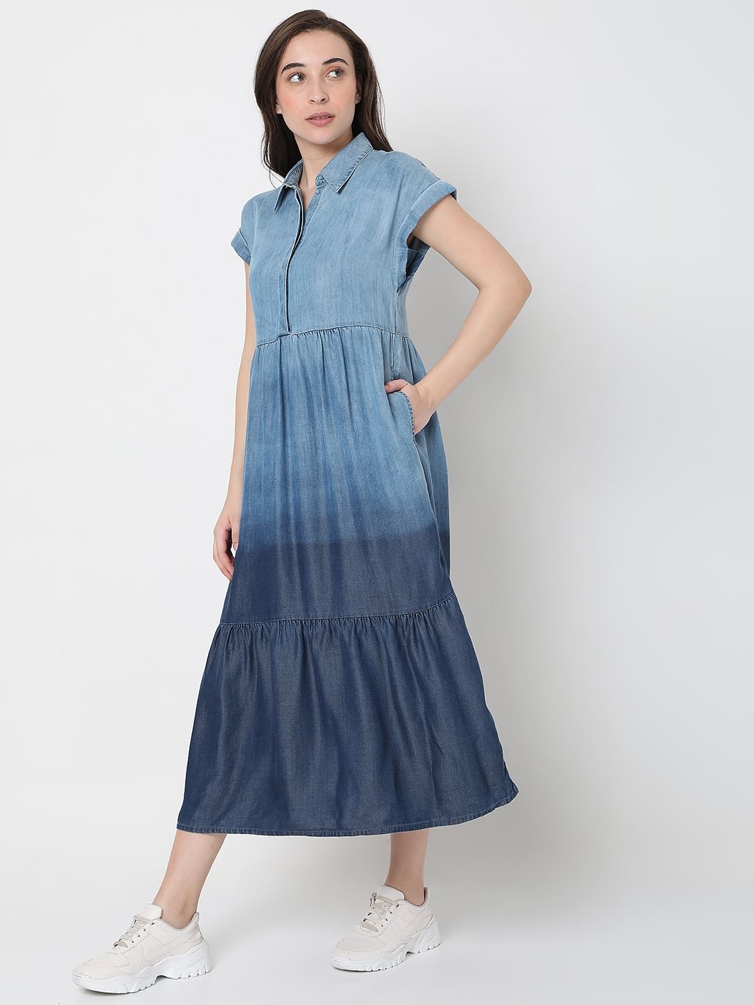 Blue Colourblocked Denim Midi Dress