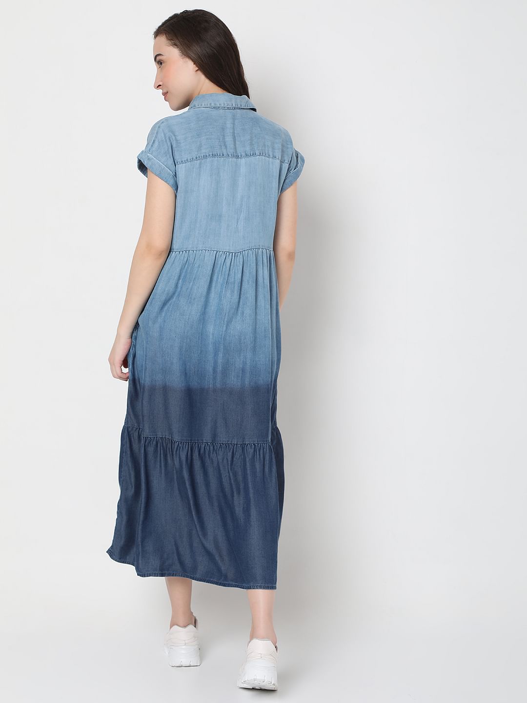 Blue Colourblocked Denim Midi Dress