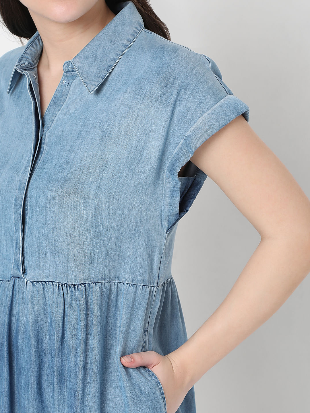 Blue Colourblocked Denim Midi Dress