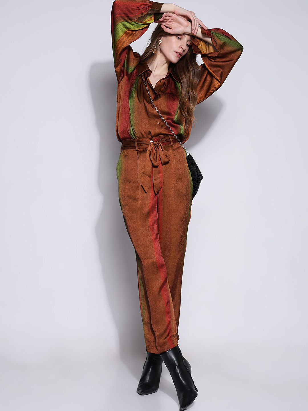 Brown Colourblocked Co-Ord Set Pants
