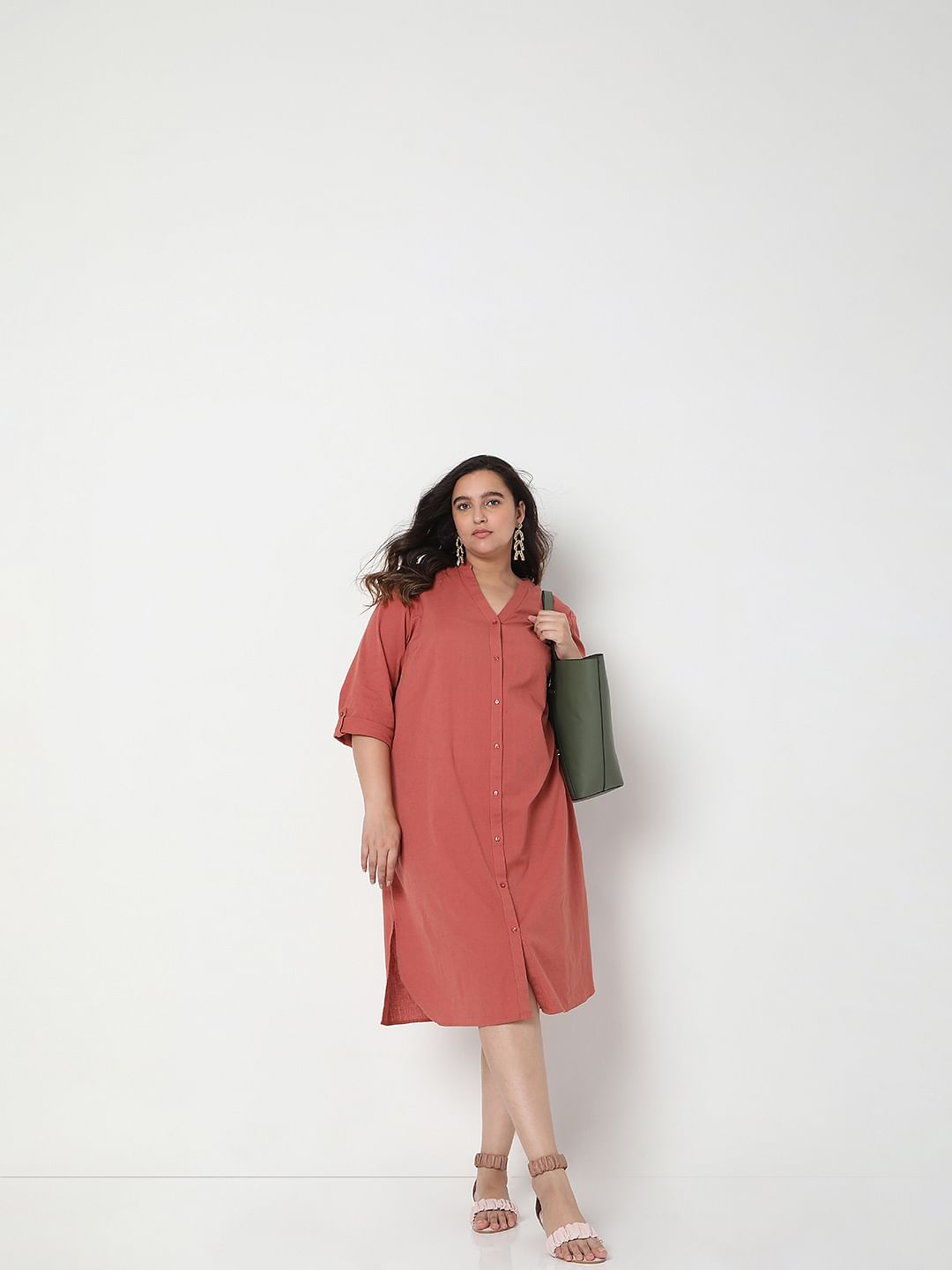 Curve Red Linen Shift Midi Dress