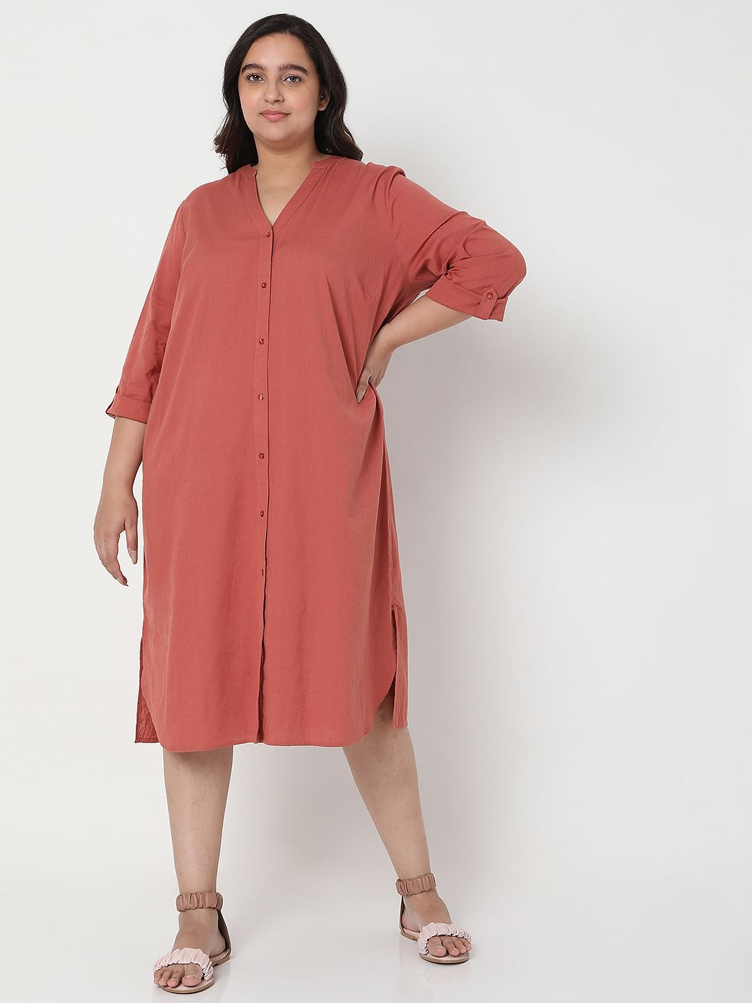 Curve Red Linen Shift Midi Dress