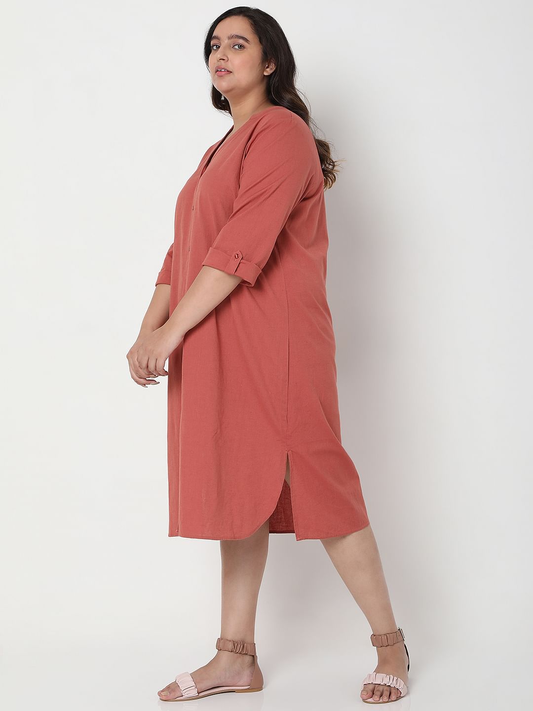 Curve Red Linen Shift Midi Dress