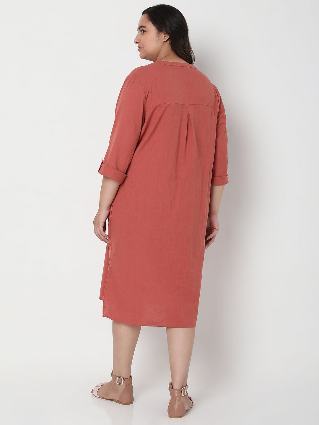 Curve Red Linen Shift Midi Dress