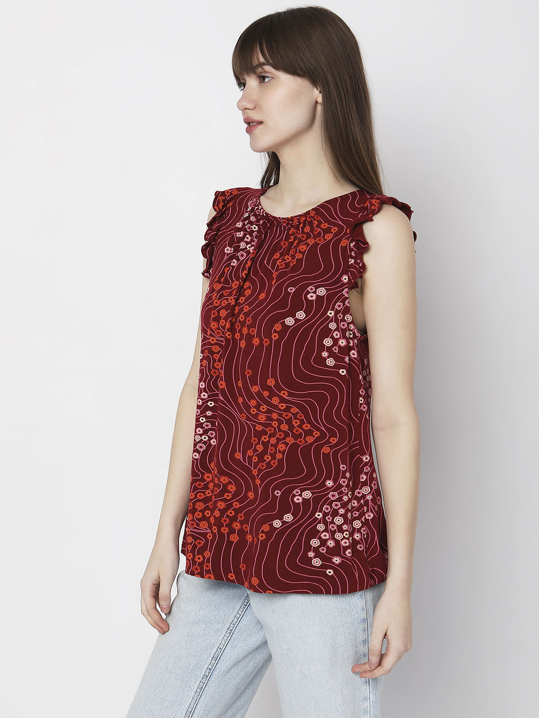 Red Printed Ruffle Detail Top