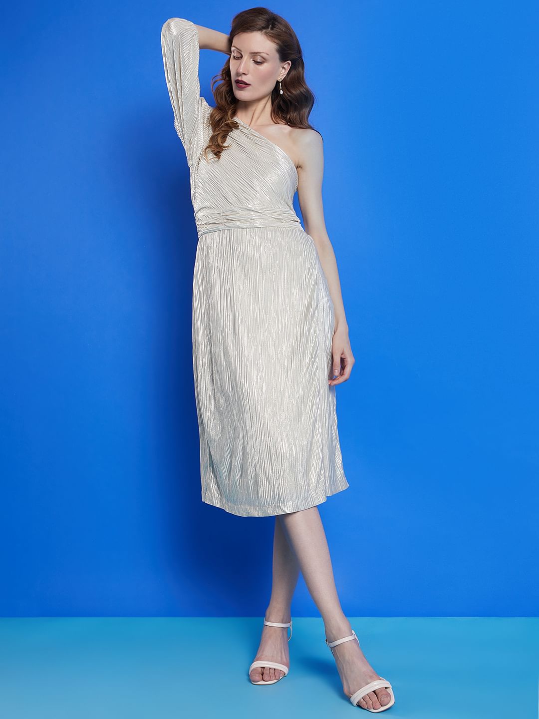 Marquee Beige One-Shoulder Shimmer Dress