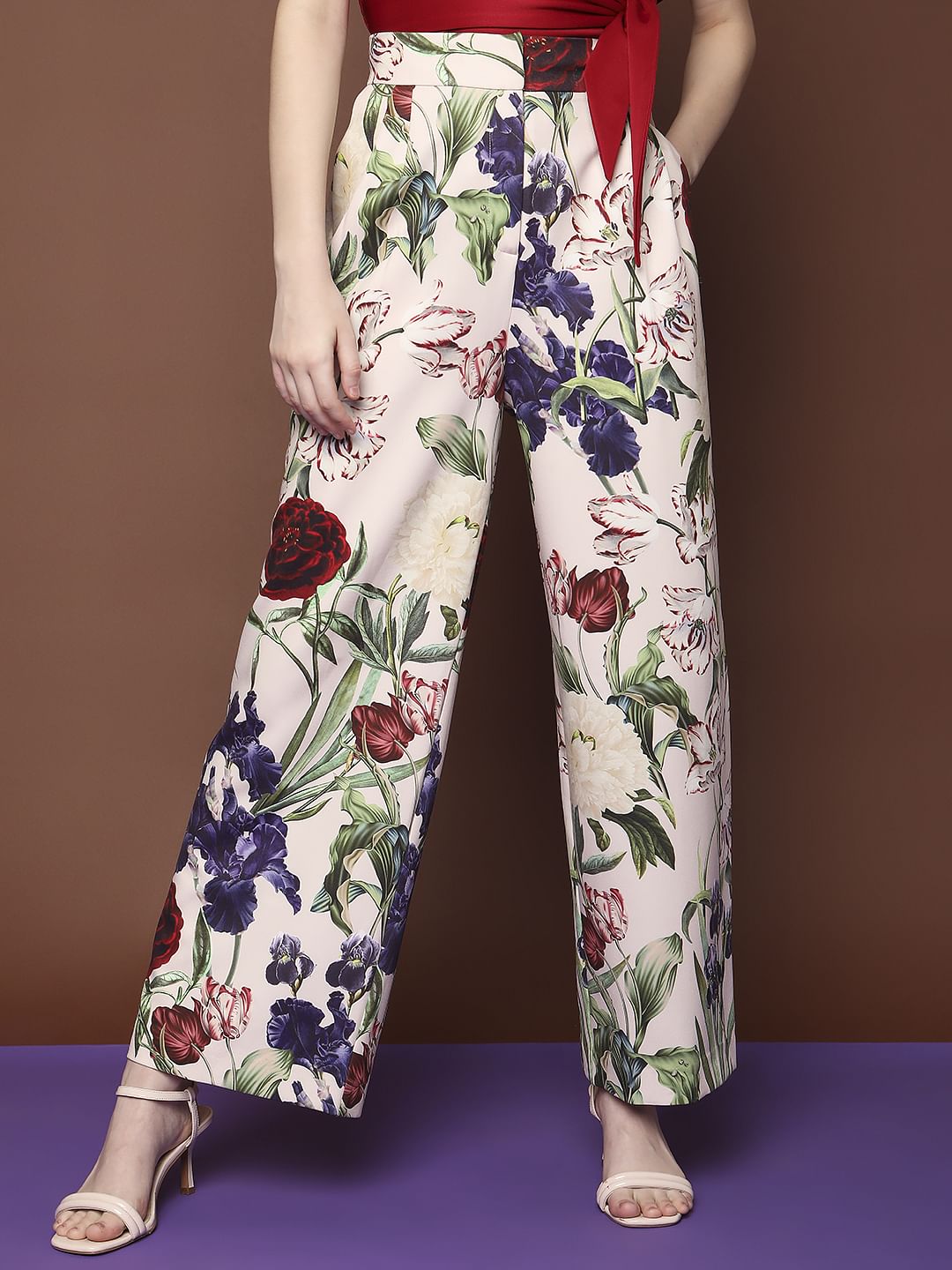 Marquee Beige Mid Rise Wide Leg Floral Pants