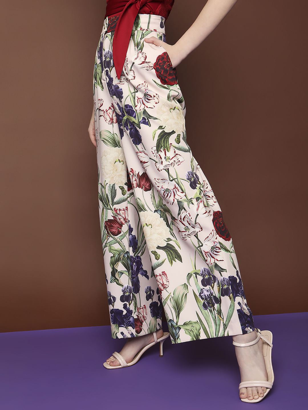 Marquee Beige Mid Rise Wide Leg Floral Pants