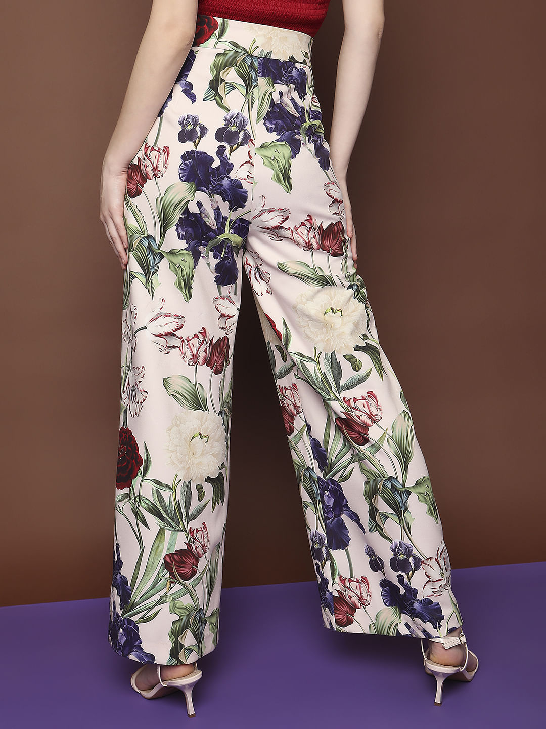 Marquee Beige Mid Rise Wide Leg Floral Pants