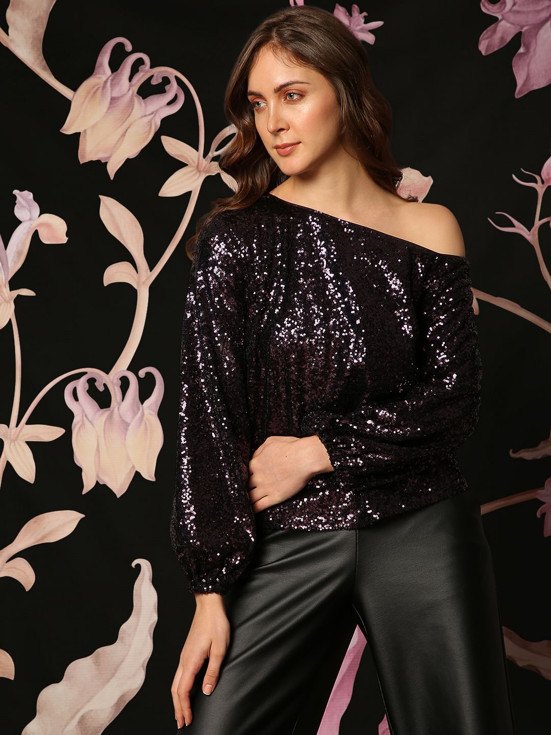 Marquee Deep Pink Sequin Detail One Shoulder Top