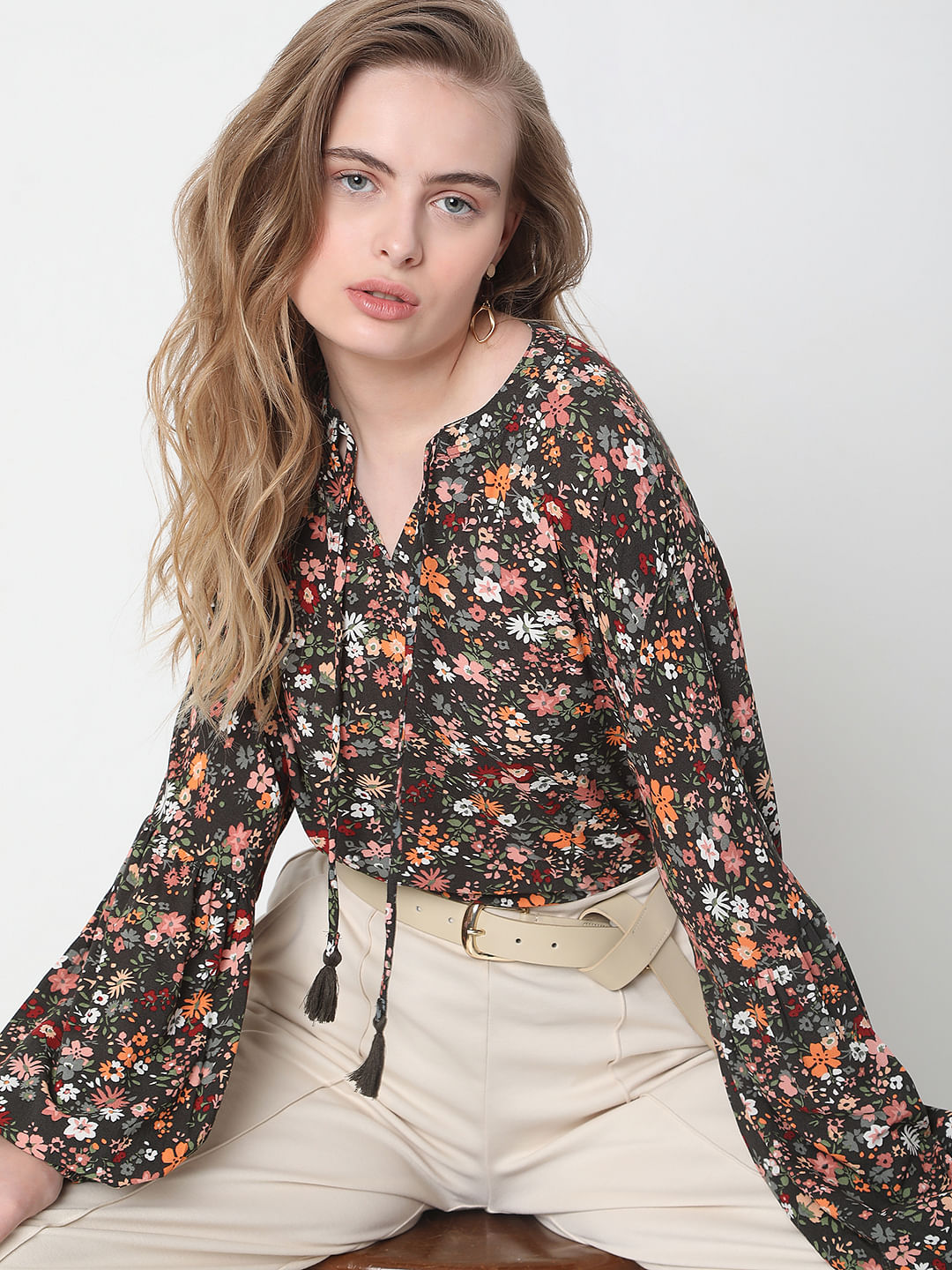 Brown Floral Print Top
