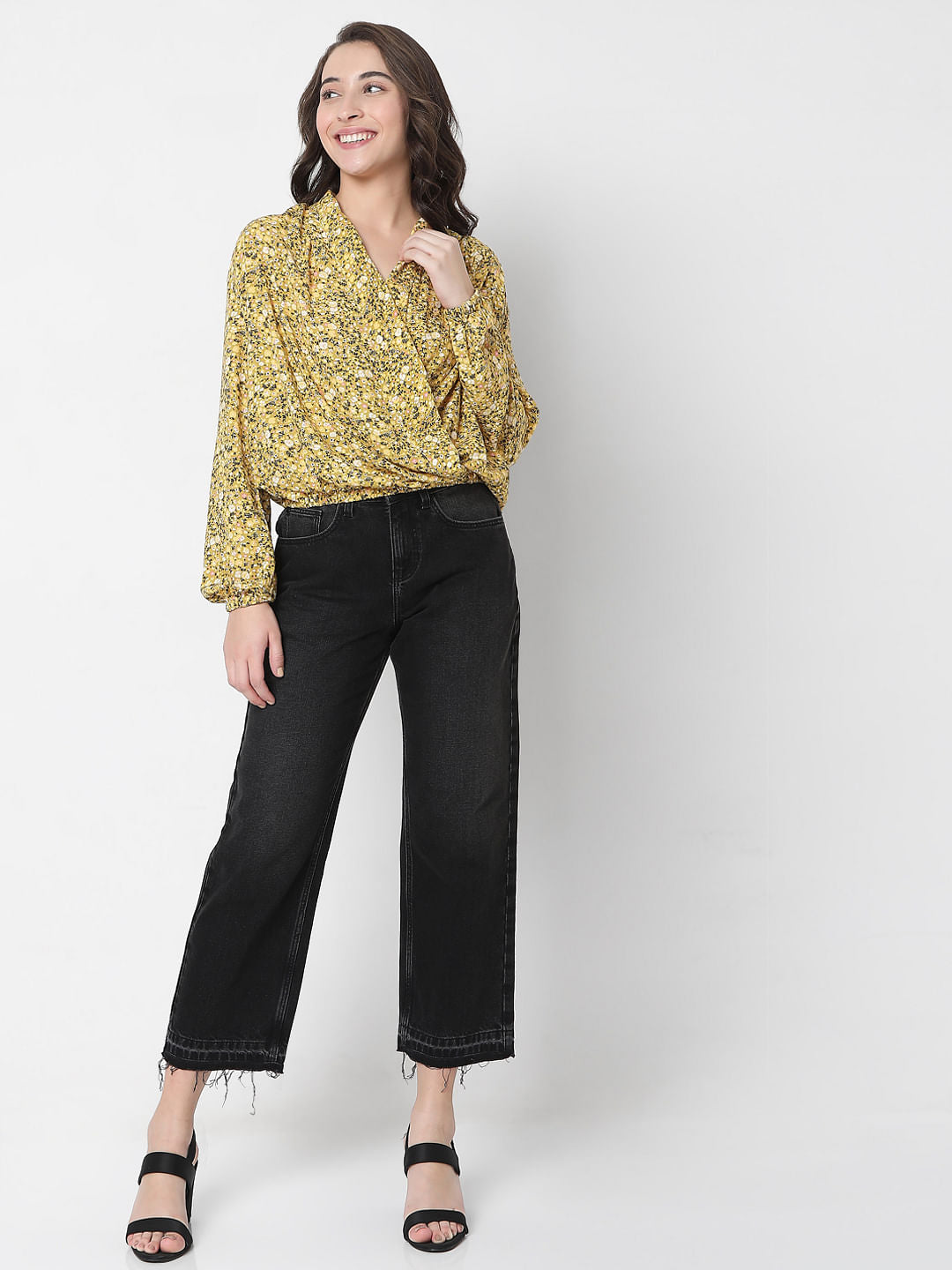 Yellow Floral Wrap Top