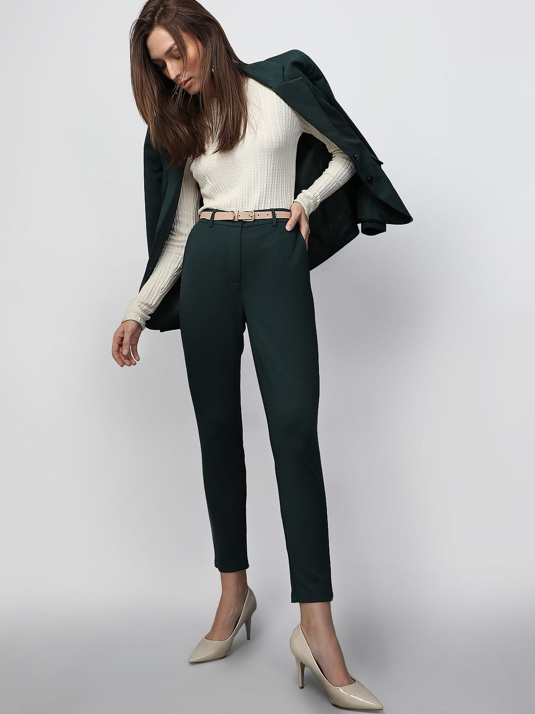 Dark Green Mid Rise Tailored Trousers