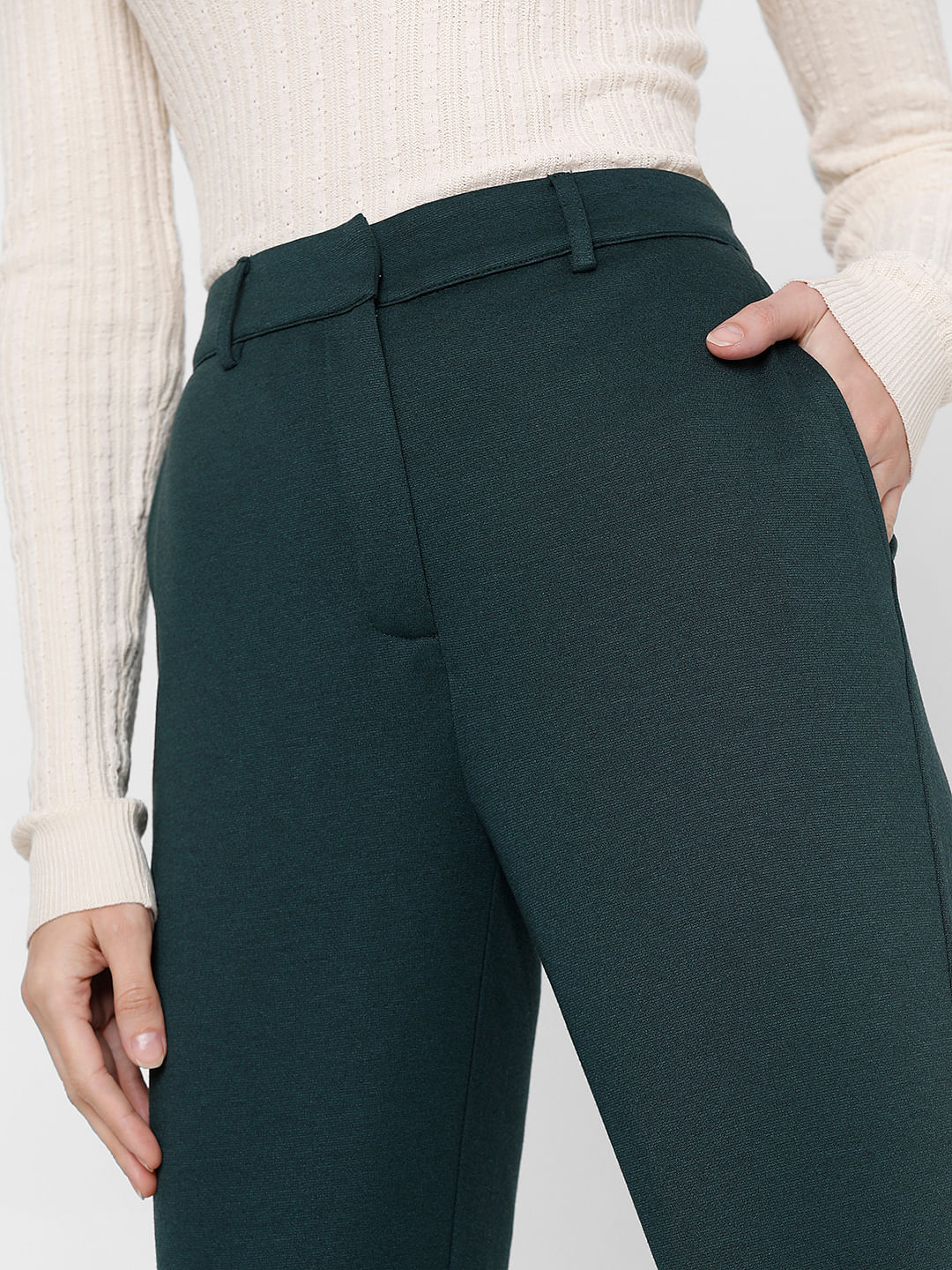 Dark Green Mid Rise Tailored Trousers