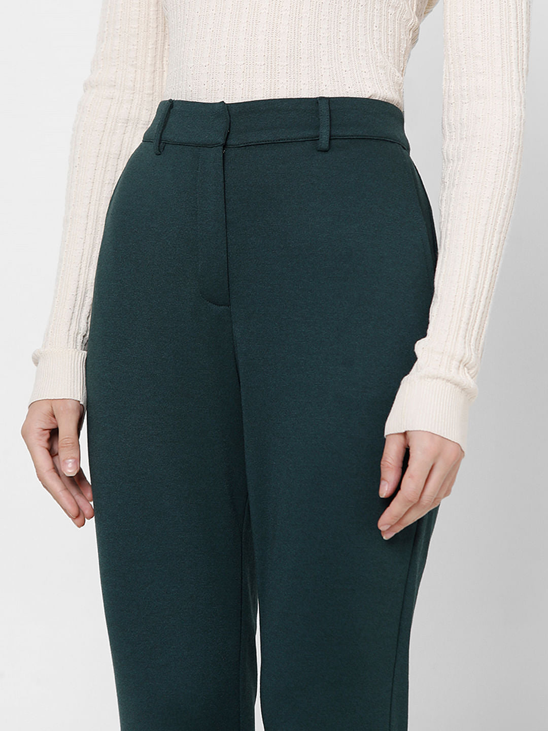 Dark Green Mid Rise Tailored Trousers