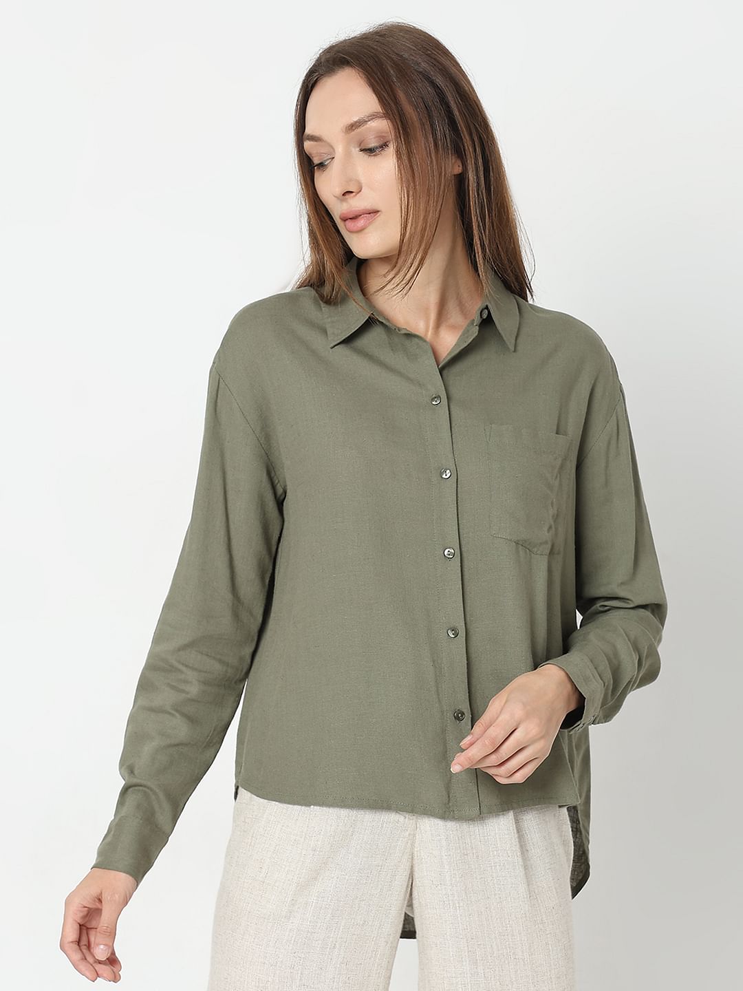 Green Linen Regular Fit Shirt
