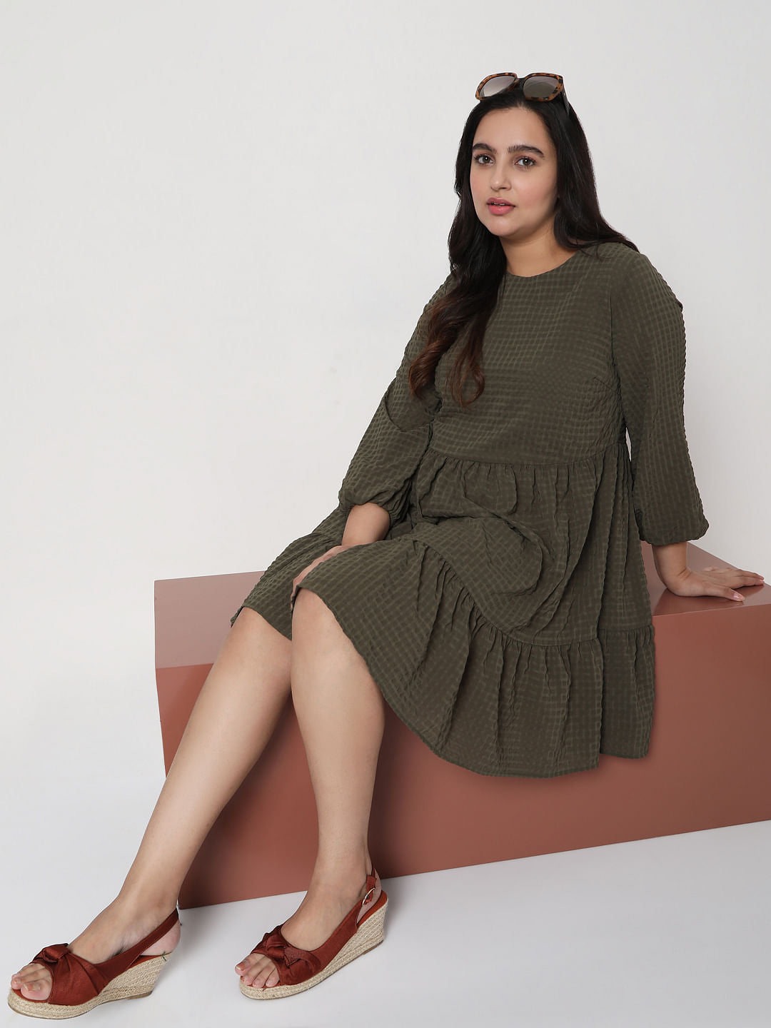 Curve Green Textured Tiered Dress