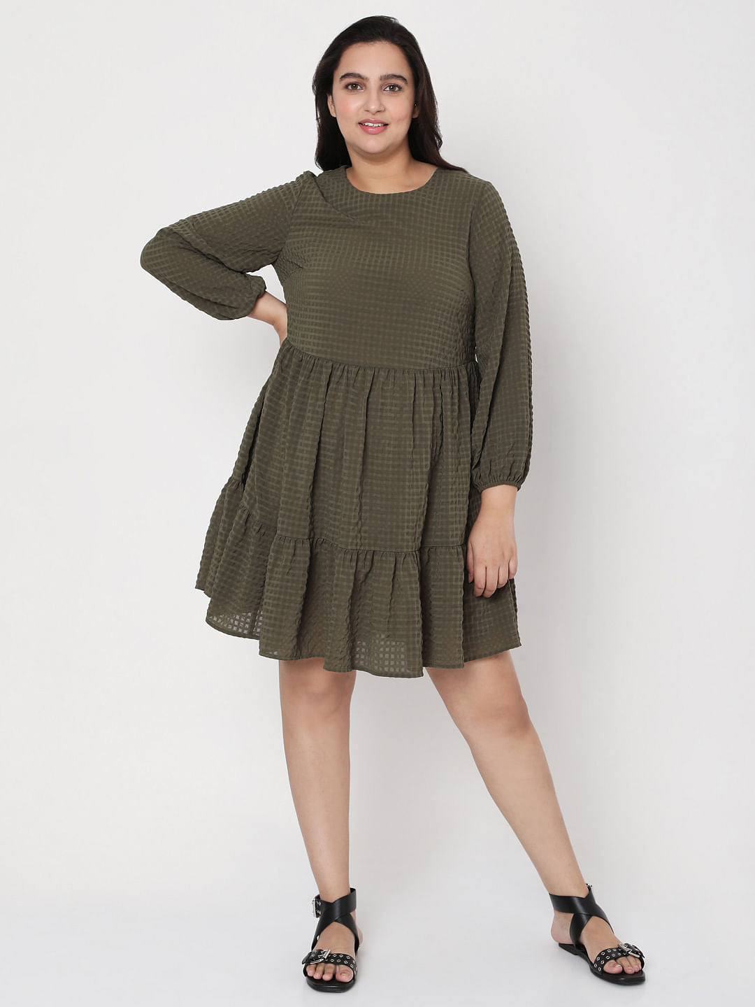 Curve Green Textured Tiered Dress