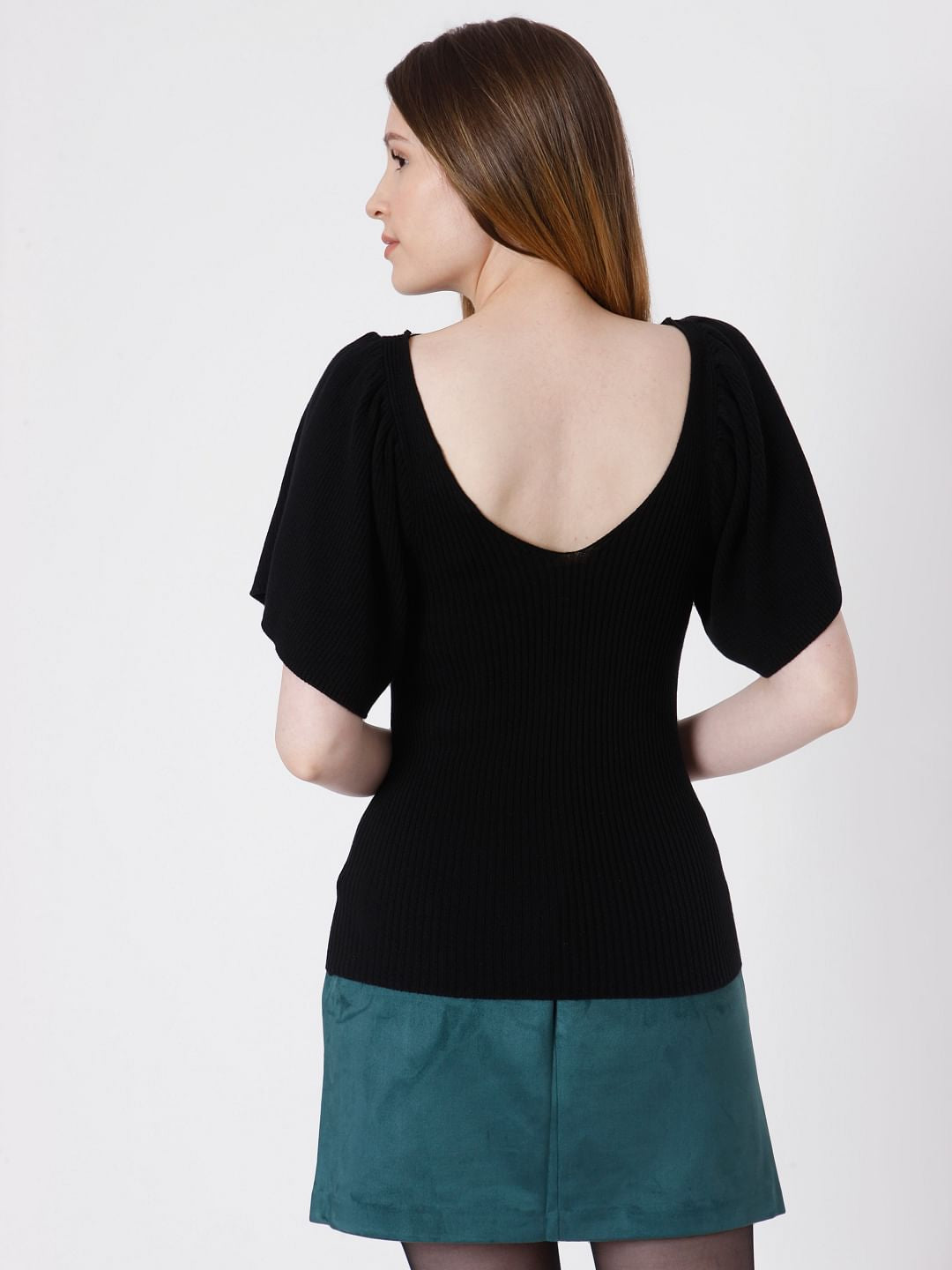 Black Flutter Sleeves Knit Top
