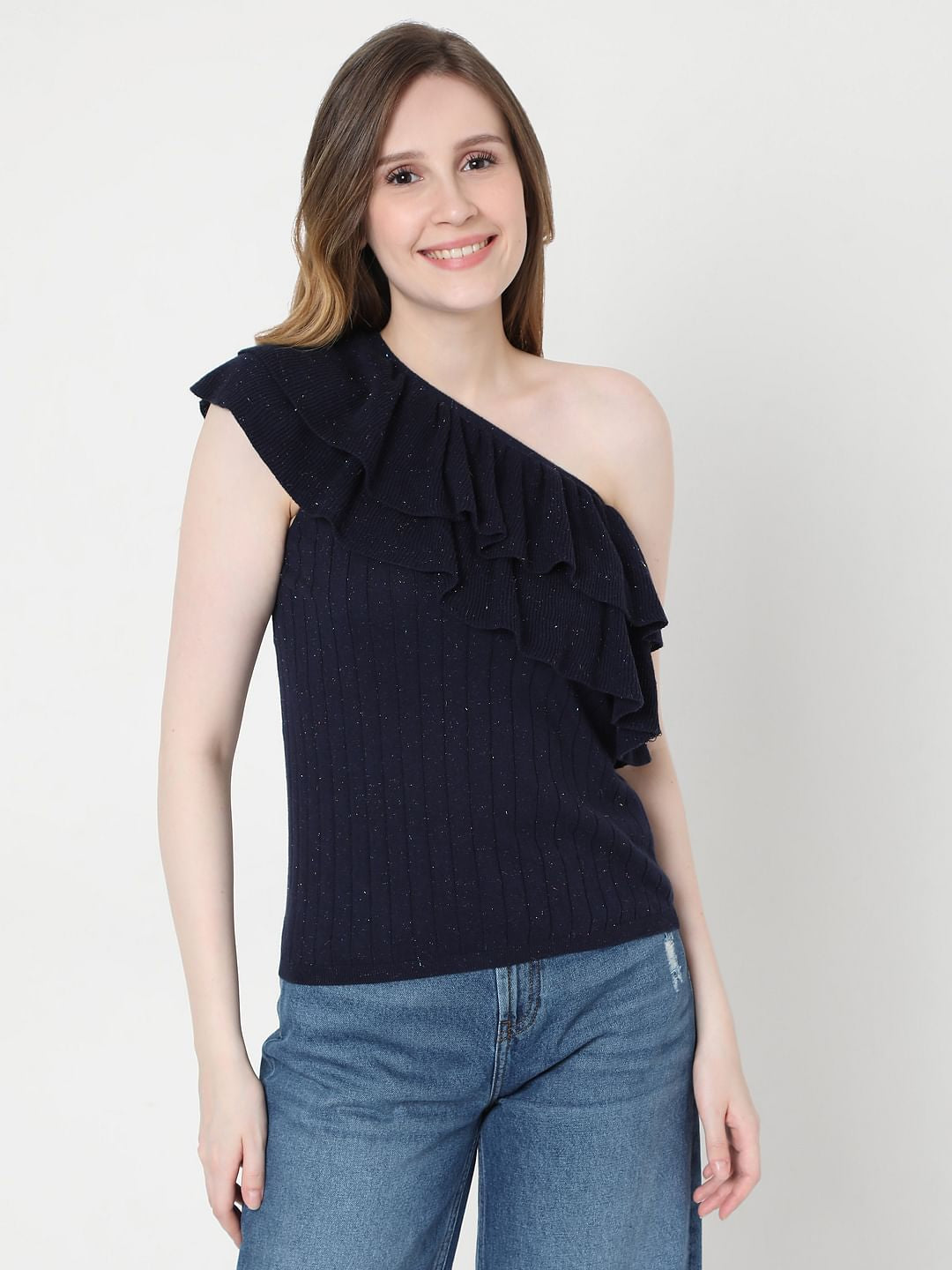 Dark Blue One Shoulder Knit Top