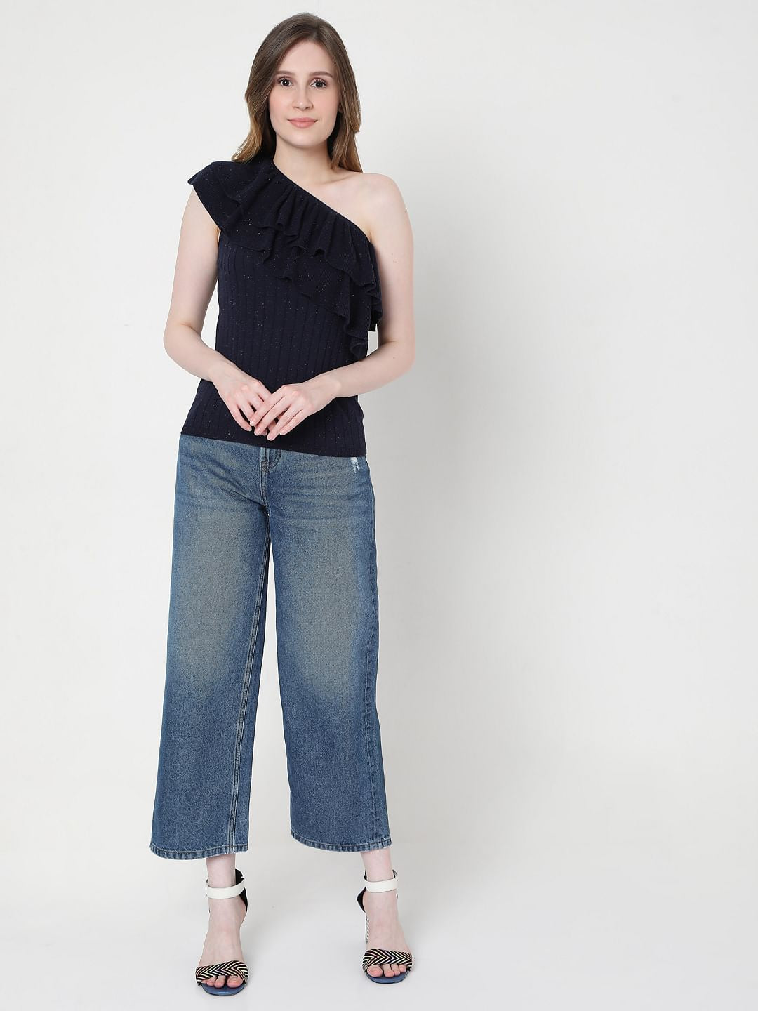 Dark Blue One Shoulder Knit Top