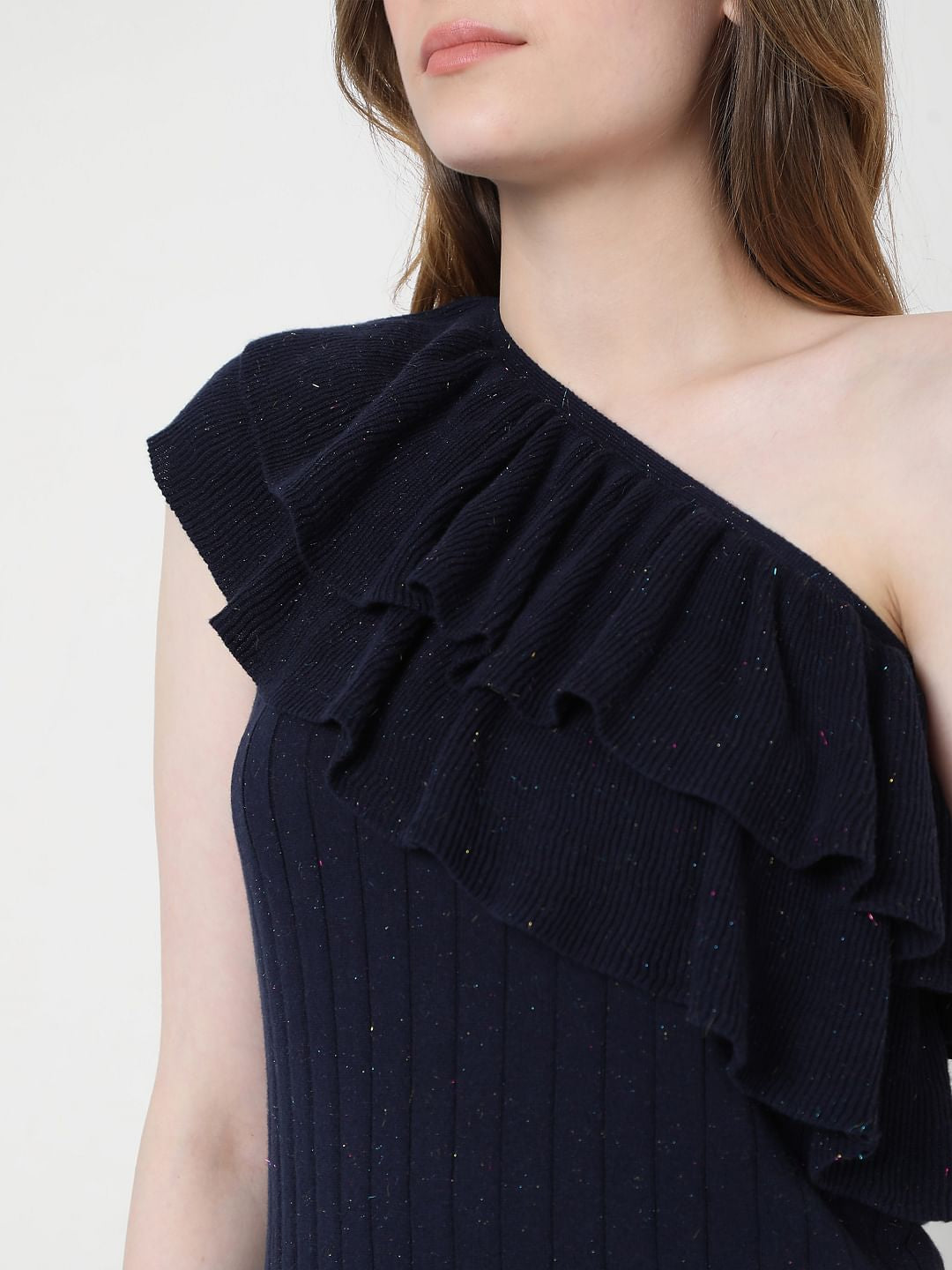 Dark Blue One Shoulder Knit Top