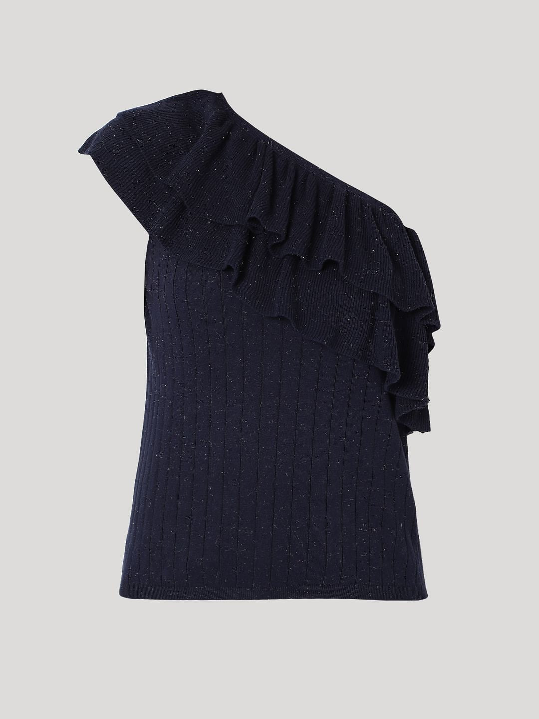 Dark Blue One Shoulder Knit Top