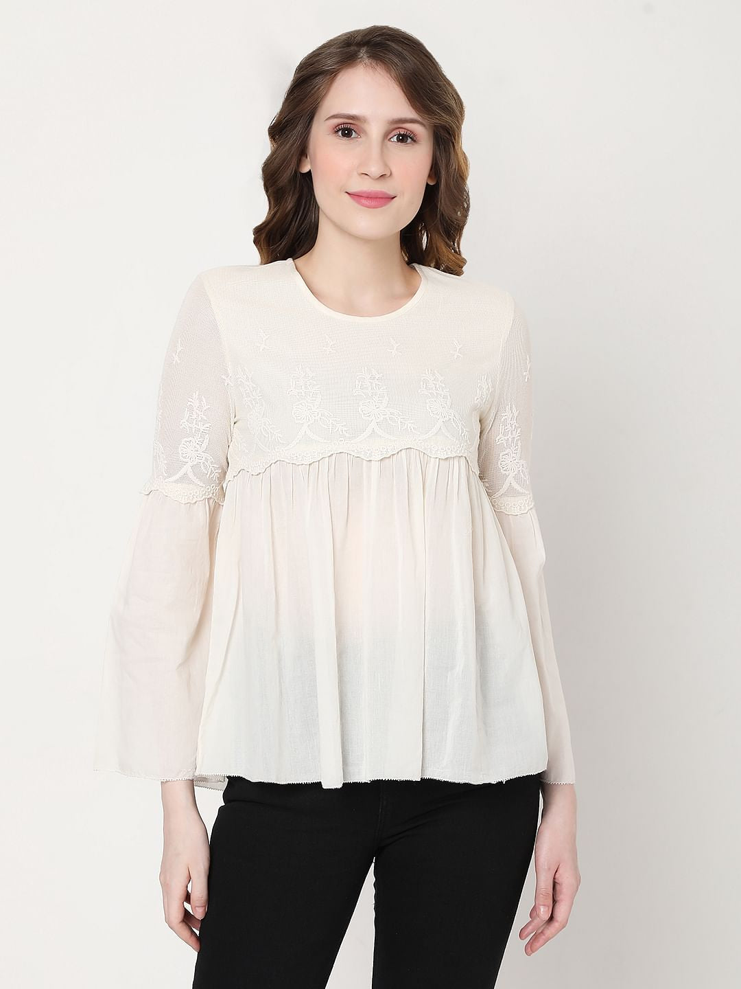 Off-White Embroidered Mesh Peplum Top