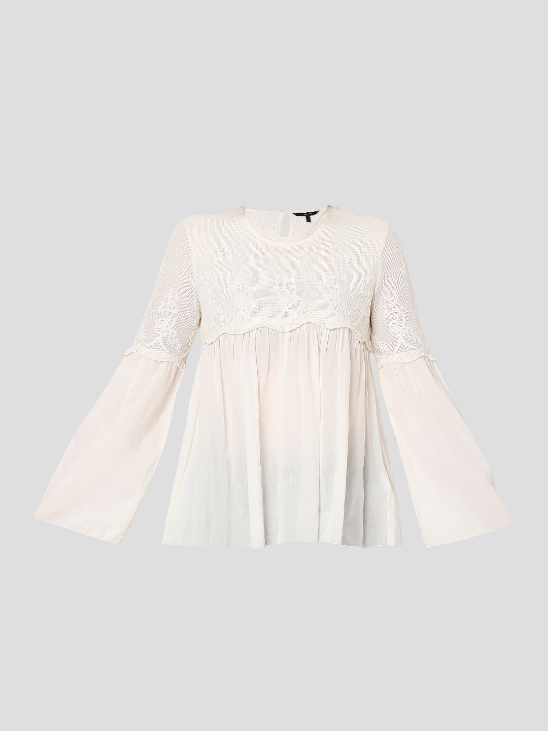 Off-White Embroidered Mesh Peplum Top