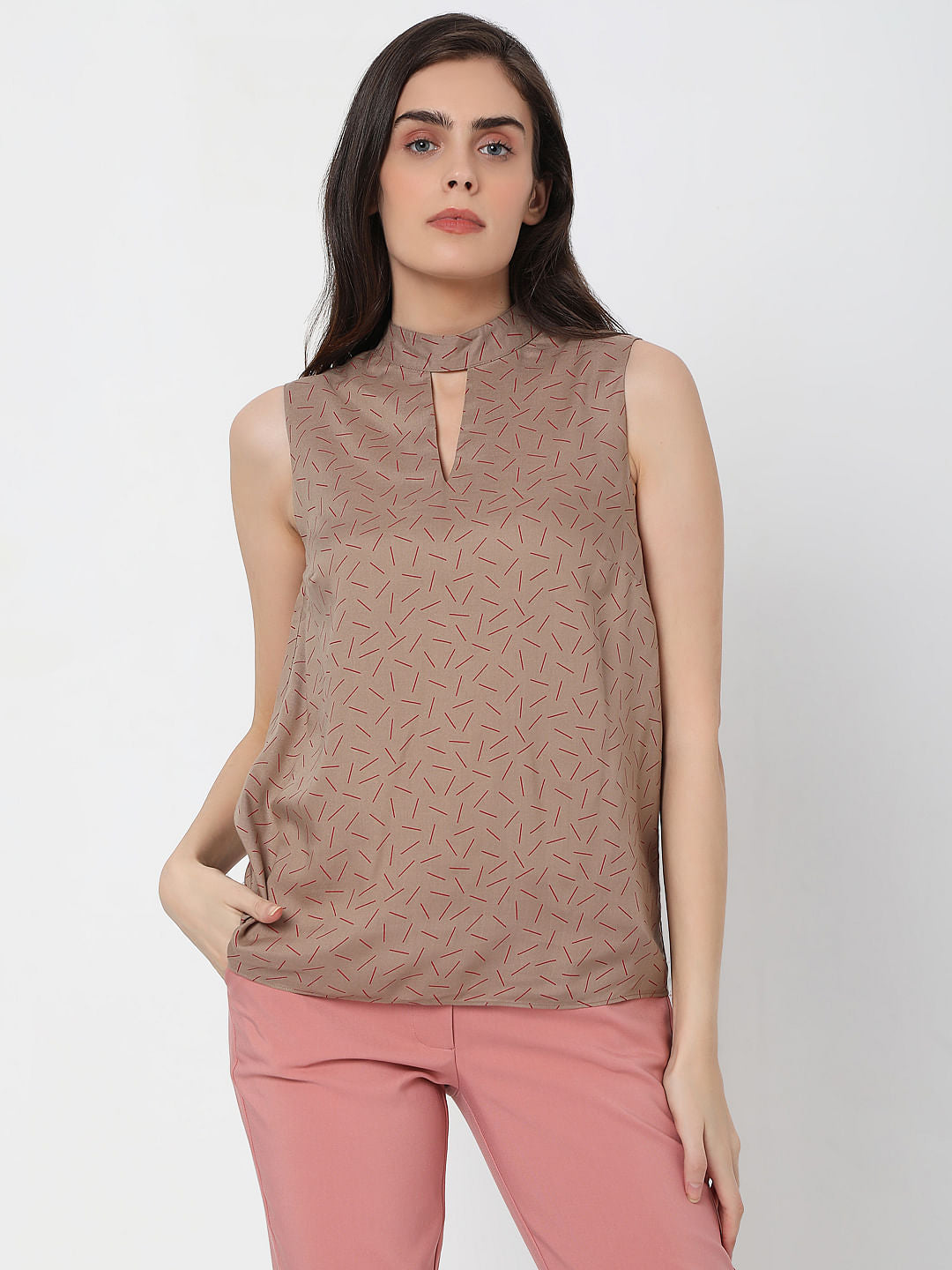Dark Beige Abstract Print Top