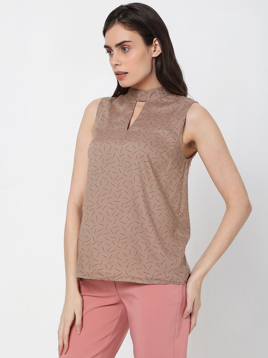 Dark Beige Abstract Print Top