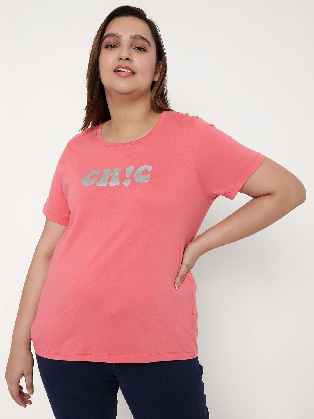 Curve Pink Slogan Print T-Shirt