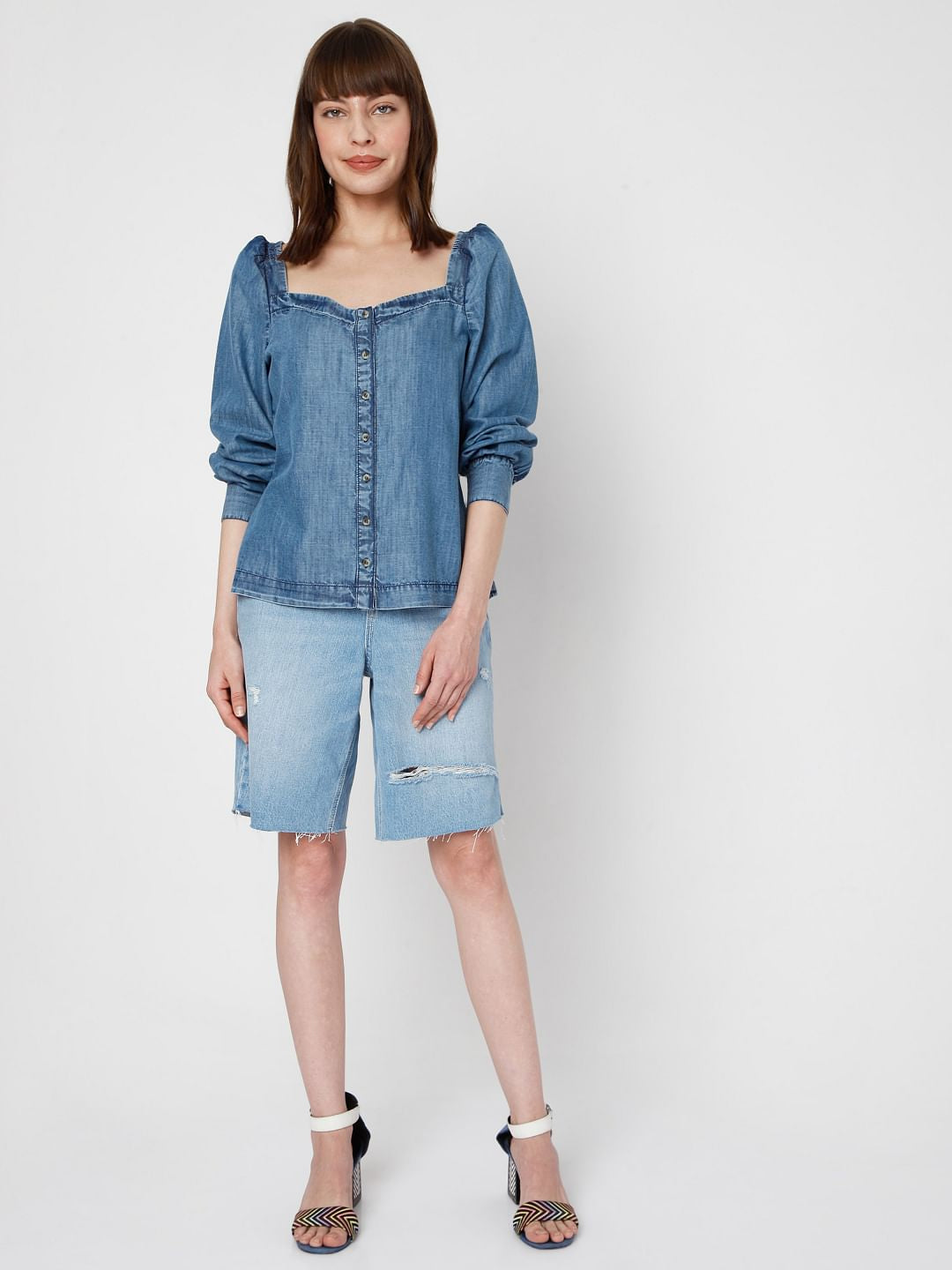 Blue Denim Puff Sleeves Top