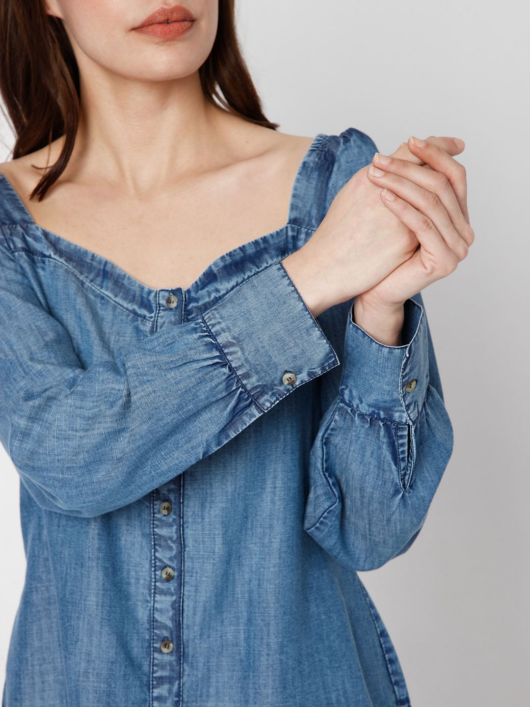 Blue Denim Puff Sleeves Top