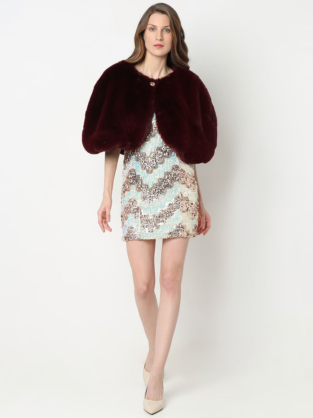 Wine Faux Fur Cropped Cape