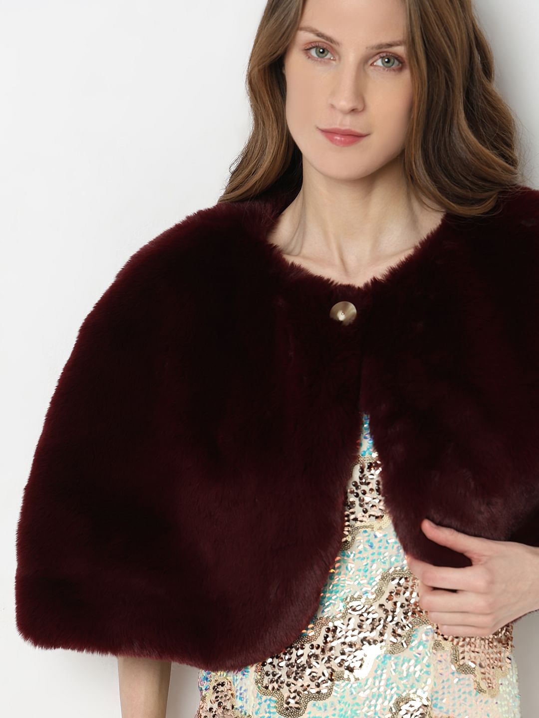 Wine Faux Fur Cropped Cape