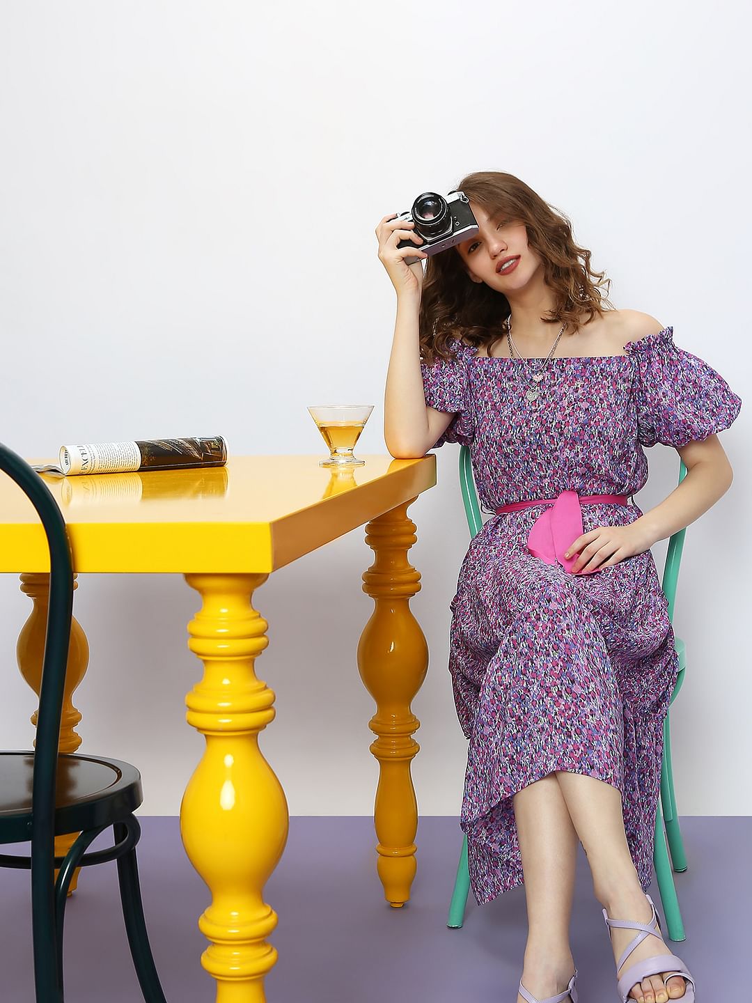 Purple Floral Off-Shoulder Dress